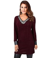 Long Sleeves Sweater Faux-Leather/Knit Scoop Neck Winter Chevron Print Jeweled Jumper 