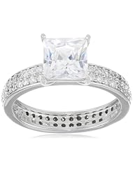 Sterling Silver Simulated Diamond Solitaire Square and Side Stones Pave Ring, Size 7
