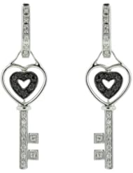 14K White Gold 0.18ct Dual Heart Black and White Diamond Hinged Dangle Earrings