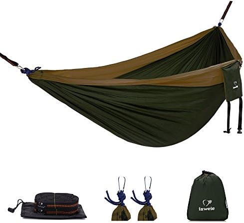 Double Camping Hammock With Hammock Straps and Steel Carabiners - 10 ft Outdoor Lightweight Portable Nylon Parachute Hammocks for Camping, Hiking, Yard. 500lbs Capacity (Khaki/Olive Green)