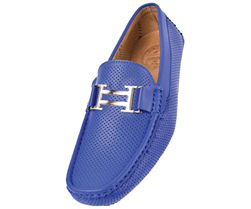 Amali Mens Royal Blue Perforated Smooth Loafer Driving Shoe with Silver Double Bar Ornament: Style 1052-052