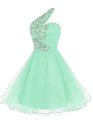 One Shoulder  Crystal Beaded Fitted Crystals  Organza Short  Ball Gown Mini Dress  With Rhinestones