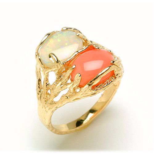 Pink Coral Ring with Opal in 14K Yellow Gold