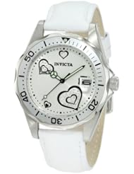 Invicta Womens 12401 Pro Diver Silver Heart Dial White Leather Watch