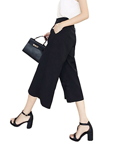 ELPIS レディース ワイド 7分丈 シンプル ガウチョ パンツ 春 秋 黒 S～XL サイズ