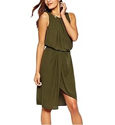 Round Neck Sleeveless Polyester/Spandex High-Low-Hem Wrap Slit Draped Pleated  Dress