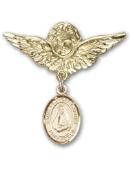 14K Gold Baby Badge with St. Frances Cabrini Charm and Angel with Wings Badge Pin