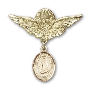 14K Gold Baby Badge with St. Frances Cabrini Charm and Angel with Wings Badge Pin