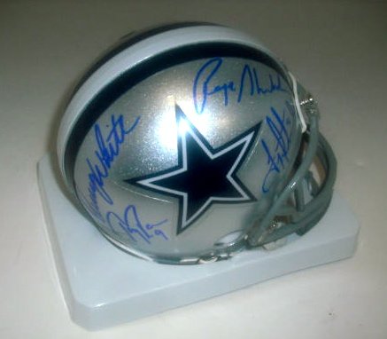 Roger Staubach, Danny White, Tony Romo and Troy Aikman Hand Signed Mini Football Helmet
