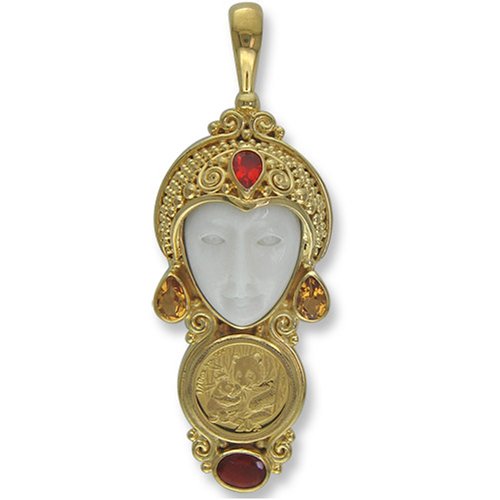 22k Gold Overlay Carved Face, Mexican Opal and Genuine Gold Panda Coin Pendant by Sajen