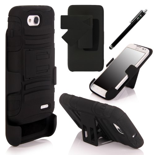 E LV LG Optimus L 90 L90 Dual Layer (Silicon inside and Hard Plactic outside) Armor Shell Holster Case with Kickstand and Belt Swivel Clip with 1 Stylus and 1 Cleaning Cloth