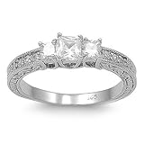 .925 Sterling Silver Engagement Ring, 1.75 Carat Total Weight of Princess and Round cut CZ Stones (Top Quality Diamond Colored Cubic Zirconia), Free Shipping, Sale Price Offer, Comes with Free Special Gift Pouch and Box