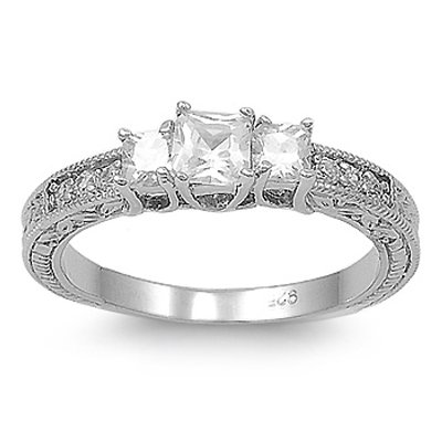 .925 Sterling Silver Engagement Ring, 1.75 Carat Total Weight of Princess and Round cut CZ Stones (Top Quality Diamond Colored Cubic Zirconia), Free Shipping, Sale Price Offer, Comes with Free Special Gift Pouch and Box