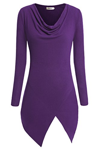 Bepei Women Blouses Cowl Neck Slimming Long Sleeves Tunic Tops Side Slit Shirt