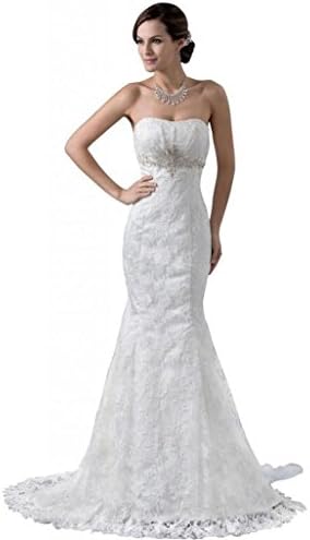 Mollybridal Women's Mermaid Sexy Backless Lace Wedding Dresses White US8