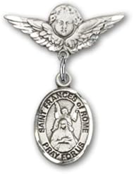 Sterling Silver Baby Badge with St. Frances of Rome Charm and Angel with Wings Badge Pin