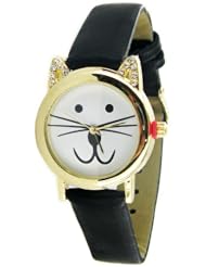 Geneva Womens Lady Cat Leather Watch -Black
