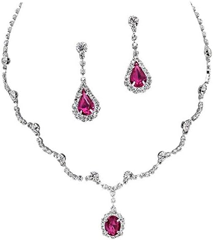 Elegant Fuchsia Pink Scallop Y Drop Crystal Bridesmaid Bridal Necklace Earring Set Wedding Bling O5