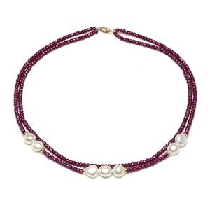 14k Yellow Gold 9-10mm Cultured Freshwater Pearl 2 Row 3-4mm Red Ruby Necklace 18