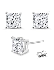 1/3 (0.30-0.35) Cts Princess Diamond Stud Earrings in 18K White Gold-Screw Backs