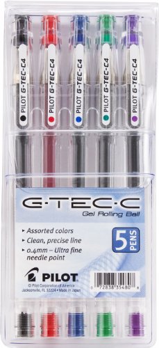 Pilot G-Tec-C Gel Rolling Ball Pen, Ultra Fine Point, 5-Pack Pouch, Black/Blue/Red/Green/Purple Inks (35480)