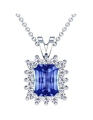 18K White Gold Emerald Cut Blue Sapphire And Round Diamond Pendant