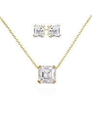 Bling Jewelry Gold Vermeil Asscher Cut 925 Silver CZ Necklace and Earrings Set