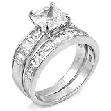Sterling Silver Cubic Zirconia CZ Wedding Engagement Ring Set