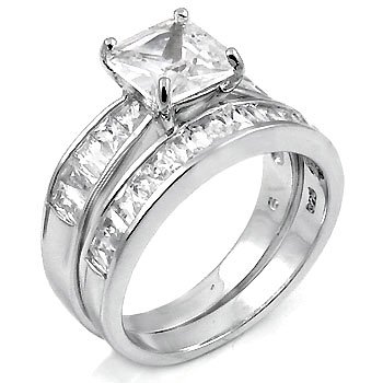 Sterling Silver Cubic Zirconia CZ Wedding Engagement Ring Set