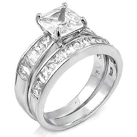 Sterling Silver Cubic Zirconia CZ Wedding Engagement Ring Set