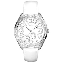 Guess Ladies White Leather Strap Watch With Stone Set Enamel White Dial