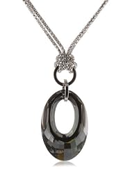 Sterling Silver Italian Rhodium Plated Open Oval Grey Swarovski Crystal Necklace, 16.5"+2" Extender