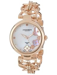 Akribos XXIV Womens AK645RG Lady Diamond Swiss Quartz Diamond Mother-of-Pearl Flower Rose-tone Circle Link Bracelet Watch