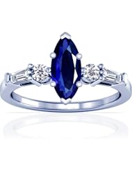 14K White Gold Marquise Cut Blue Sapphire Ring With Sidestones