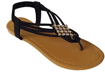 Elegant Women's Fashion Black Gladiator Thong Flat Cute Sandals With Rhinestones Black 8.5 , M US