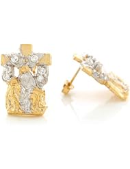 14k Two Tone Real 2.09cm x 1.5cm Gold White CZ Jesus Christ Cross Post Earrings
