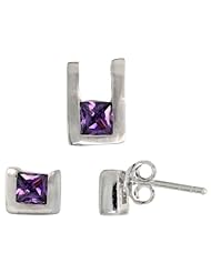 Sterling Silver Matte-finish U-shaped Stud Earrings (6mm tall) & Pendant (10mm tall) Set, w/ Princess Cut Amethyst-colored CZ Stones