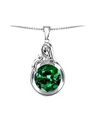 Original Star K (tm) Loving Mother With Child Family Large Pendant With Round 10mm Simulated Emerald in .925 Sterling Silver
