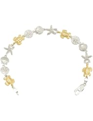Sterling Silver 8" 14K Turtle Ss Sanddollar, Shell & Starfish Bracelet