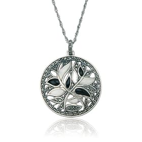 Sterling Silver Marcasite & Mother of Pearl Flower Pendant, 18