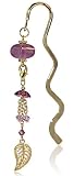 Golden Filigree Leaf Charm with Genuine Cushion Amathyst, Swarovski Crystal, Good Quality Gold Plated Metal Bookmark Gift Package 3 in 1& Multi Purpose Charm (9519)