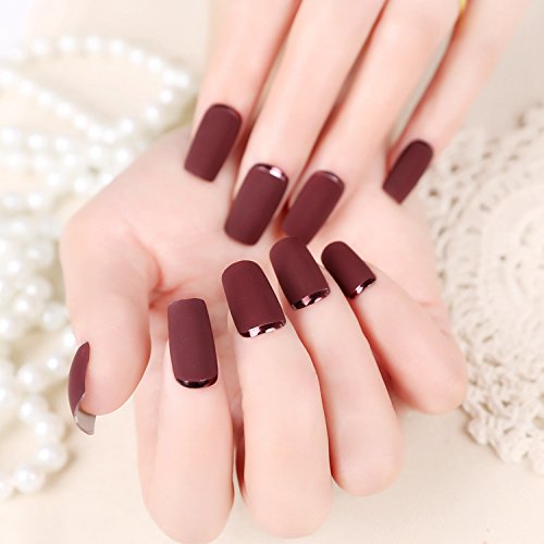 24pcs Lady Artificial False Nails Tips Sexy Frosted Metal Color Style Purplish Red Opposite French Nail Moo Z112