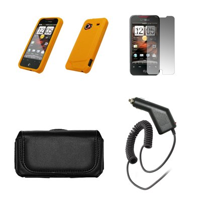 HTC Droid Incredible Premium Black Leather Carrying Pouch+Orange Silicone Skin Soft Case Cover+Premuim LCD Screen Protetor+Premium Rapid Car Charger+Antenna Booster Combo For HTC Droid Incredible