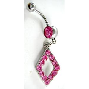 Pink Crystal CZ Dangle Belly Button Navel Ring Bar Silver - Diamond Shape Belly Button Ring