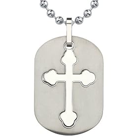 Fashionable Faith: Designer Inspired Titanium Dog Tag Pendant with Cut-out Medieval Cross on a Stainless Steel Ball Chain