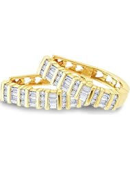 14k White or Yellow Gold Hoop Huggie Round and Baguette Diamond Earrings (1/4 cttw)