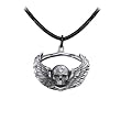 Black Leather Adjustable Pewter Winged Skull Necklace