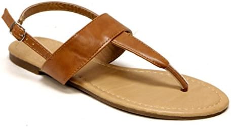 Love Mark Iris-100X Women's summer buckled ankle strap T-strap thong PU sandals Tan 7.5