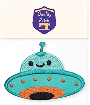 Cute Smiley Alien Space Ship UFO Turquoise Novelty Embroidered Patch 3.1" x 2.4" Iron On