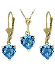 14K Gold Jewelry Set - Necklace and Earrings w/ Natural Heart-shaped Blue Topaz